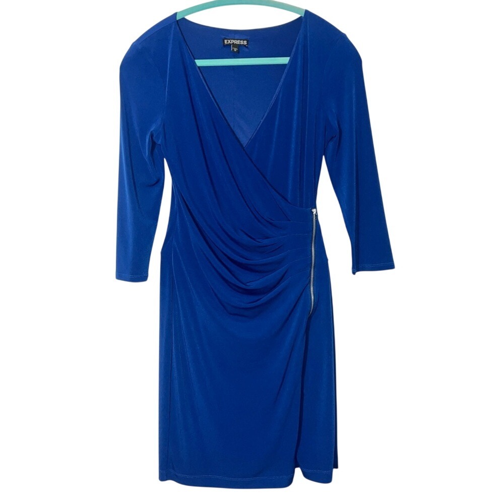 Vibrant Royal blue‎ Form Fitting Express wrap dress w zipper Stretch Sexy XS